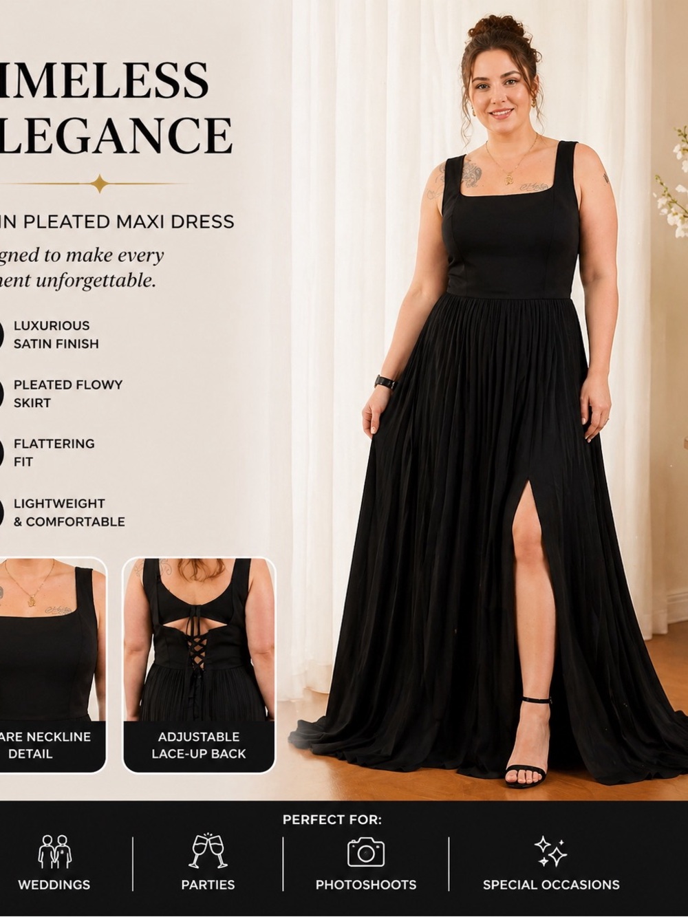 Black Satin Pleated Maxi Dress with Lace-Up Back